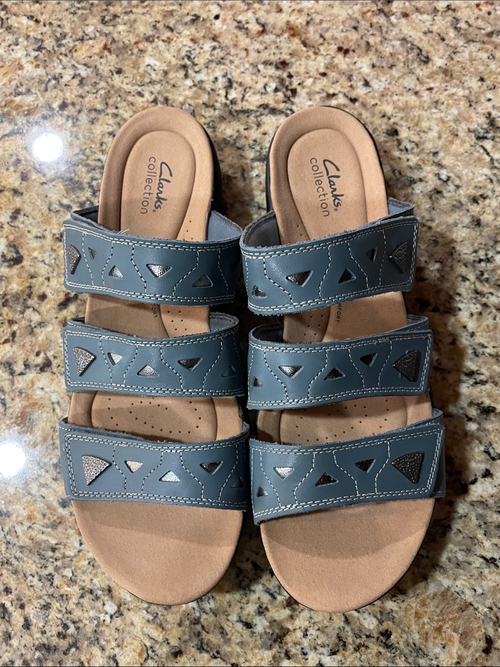 Clarks Blue Triple-Strap Slide Sandals